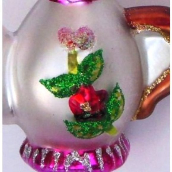 Blown Glass Teapot Christmas Ornament Embellished with Glitter - Picture 2 of 4